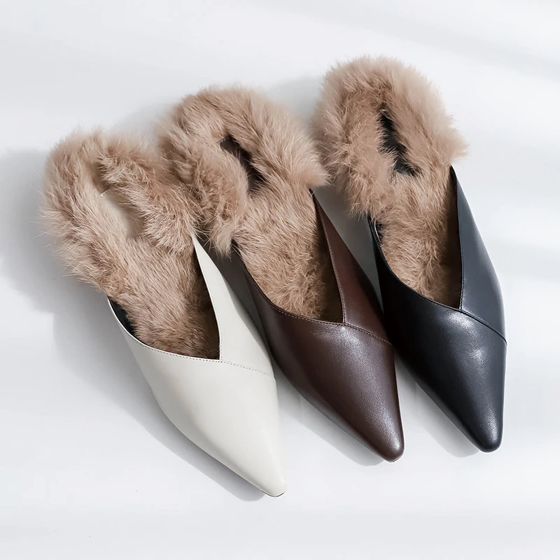 Women's genuine leather warm plush slip-on mules autumn pointed toe high heels leisure dress pumps quality shoes for women | Обувь