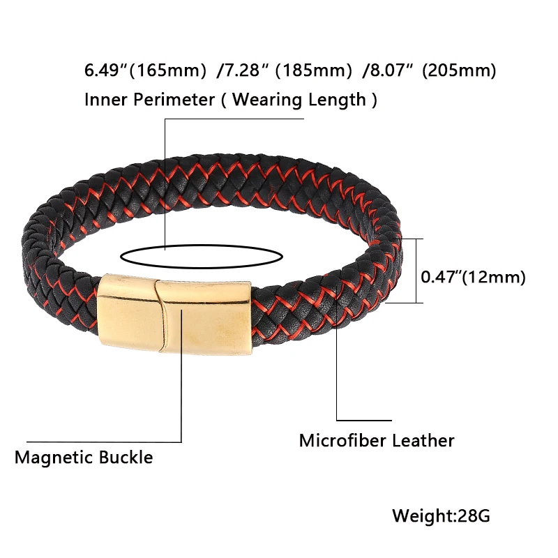 Мужской плетеный браслет черный и красный кожаный с застежкой из Золотой стали
