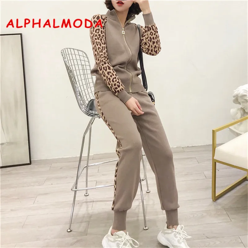 

ALPHALMODA Leopard Print Sleeve Zipper Knit Cardigans + Pencil Pants Women Fashion Trendy Tracksuits Slim Jacket Trousers Sets