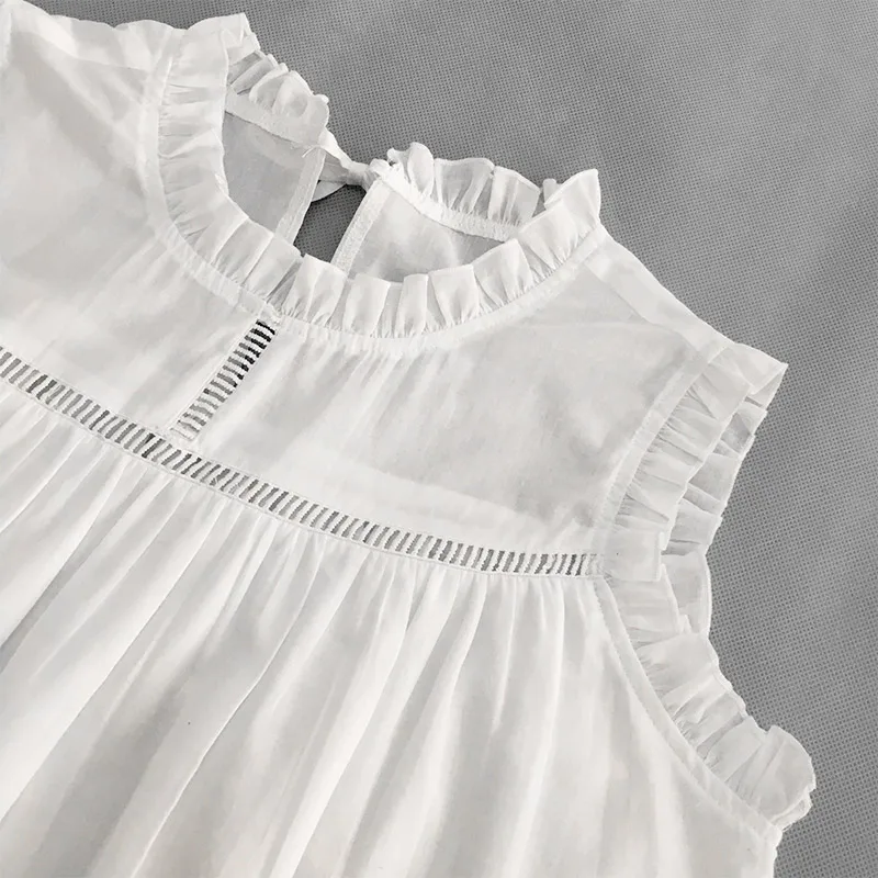 Хлопковое плиссированная полая Женская мини-платье с оборками и воротником лето