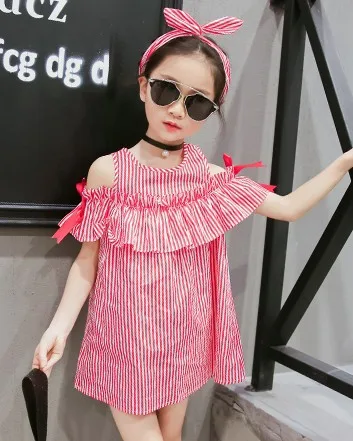 Summer Teen Girls Clothes Blue Stripe Dress for Kids Ruffles Dress+Headband Children New Cotton Wear 1-12Y | Детская одежда и