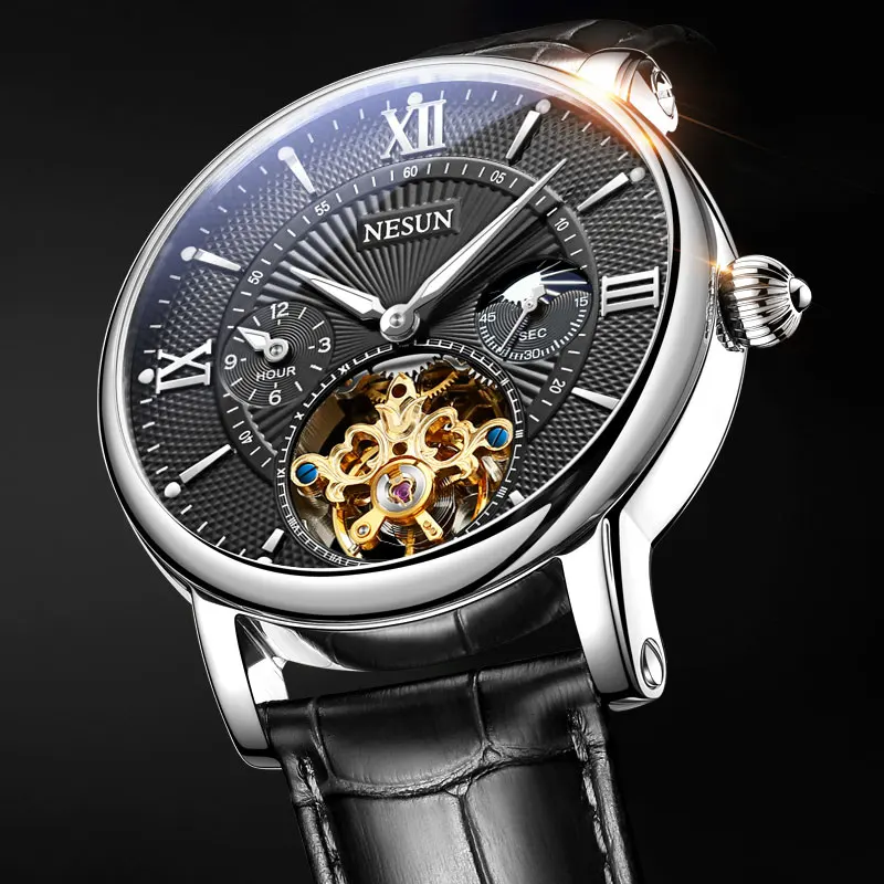 Silver-black Nesun оригинальные Роскошные Брендовые мужские турбийон автоматические механические часы модные спортивные кожаные часы Швейцария Relogio Masculino - Цвет: Silver-black