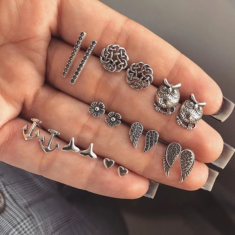 9 пар/группа женские античные серебряные серьги цветок сова в форме сердца якорь