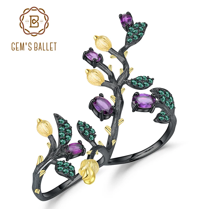 GEM'S BALLET 1.57Ct натуральный аметист, двойное кольцо на палец, 925 пробы, серебро, винтажные Регулируемые кольца для женщин, ювелирные изделия