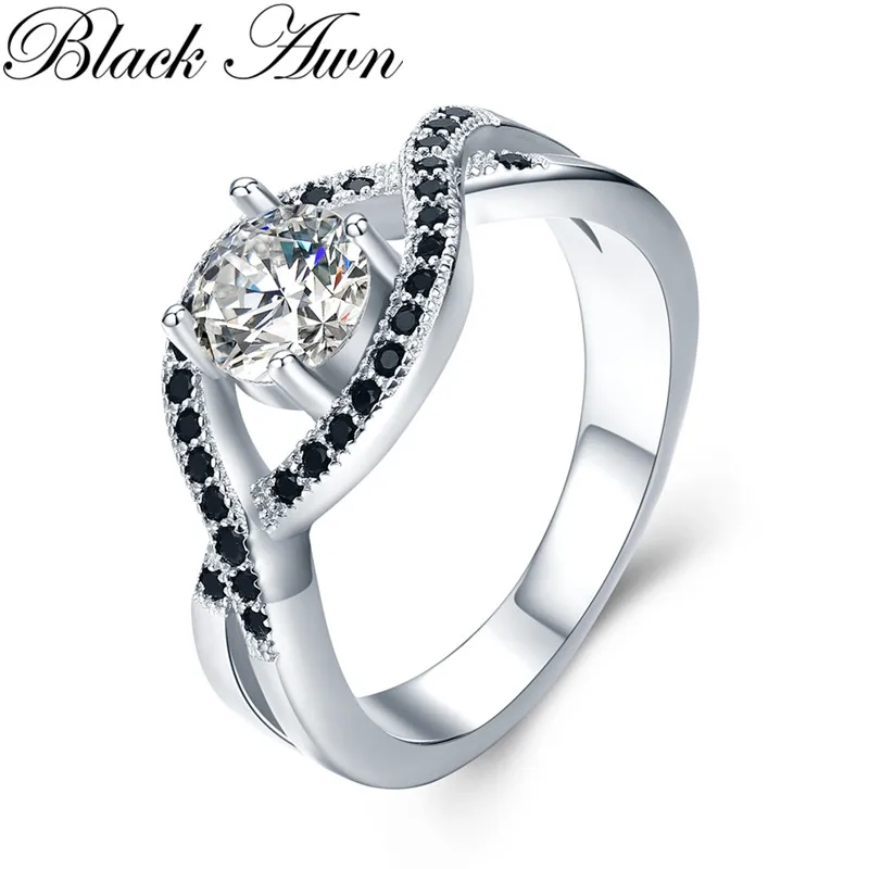 Classic 925 Sterling Silver Fine Jewelry Bague Black Spinel Wedding Rings for Women Girl Party Gift Bijoux C478