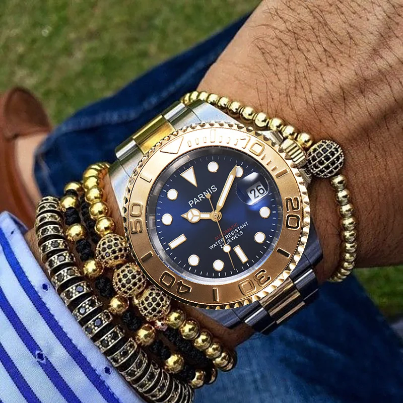 

New Parnis 40MM Gold Bezel Mechanical Automatic Men Watches Stainless Steel Bracelet Waterproof Men's Watch zegarki meskie 2020