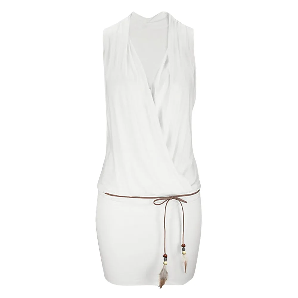 

Womens Ladies V-neck Sleeveless Retro Party Beach Mini Dress Vintage Belt Beach Casual Fashion Solid Sun Dress