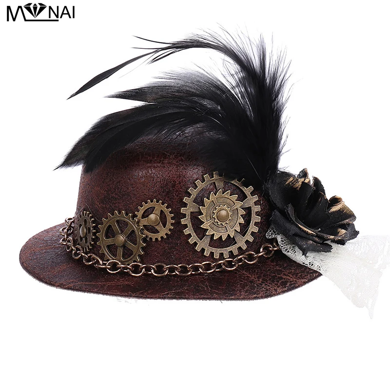 

Steampunk Little Hat Hairpin Punk Gears Mini Top Hat Vintage Fedoras Hat Gothic Feather Chain Headwear