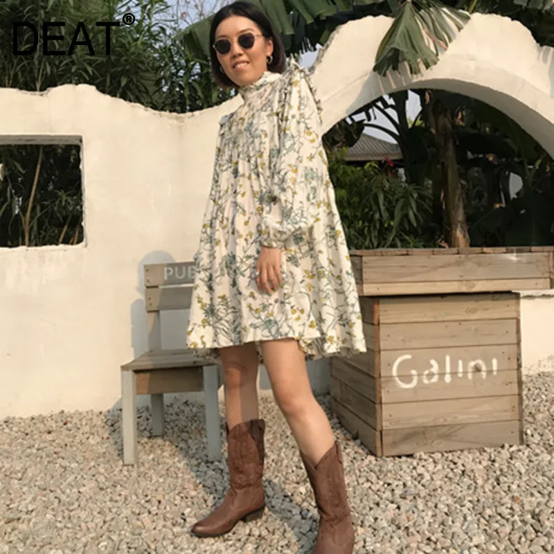 DEAT2020 summer new fashion clothes Vintage Turtleneck High quality printing Ruffles loose dress Casual feminina dresses QJ224 | Женская