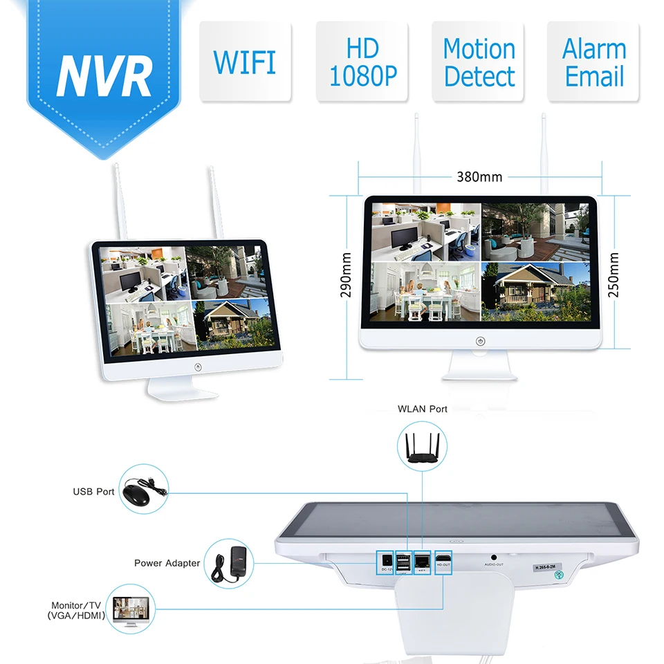 ANRAN CCTV H.265 2.0MP 8CH NVR 15 дюймов LCD 2/4 шт 1080P 36 IR наружная Ночная Видео IP Беспроводная