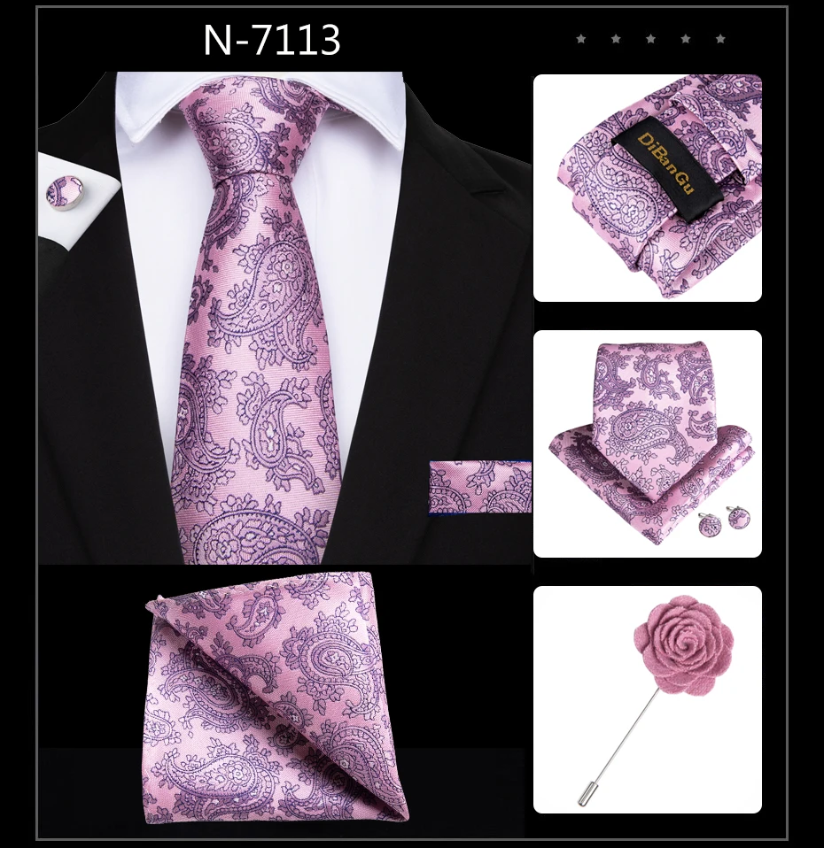 DiBanGu,, розовый галстук, Hanky, запонки, брошь, набор, для шеи, галстуки для мужчин, Свадебная вечеринка, официальный Шелковый галстук, мужской галстук, набор