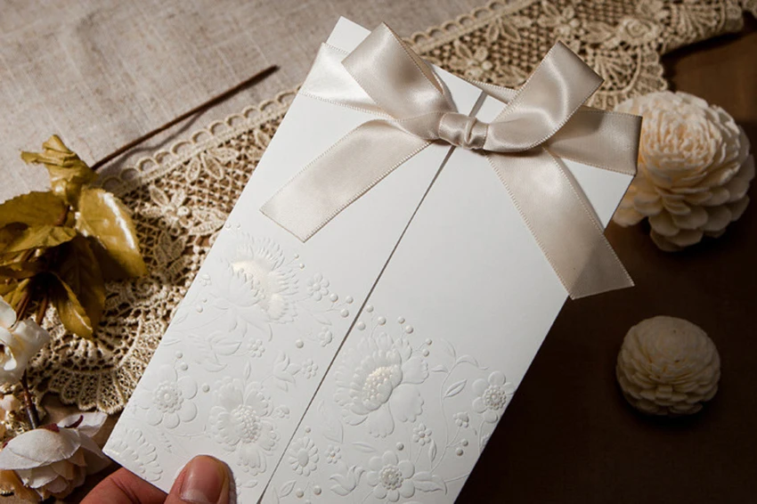 100 шт винтажные рельефные свадебные пригласительные открытки с лентой бантиком