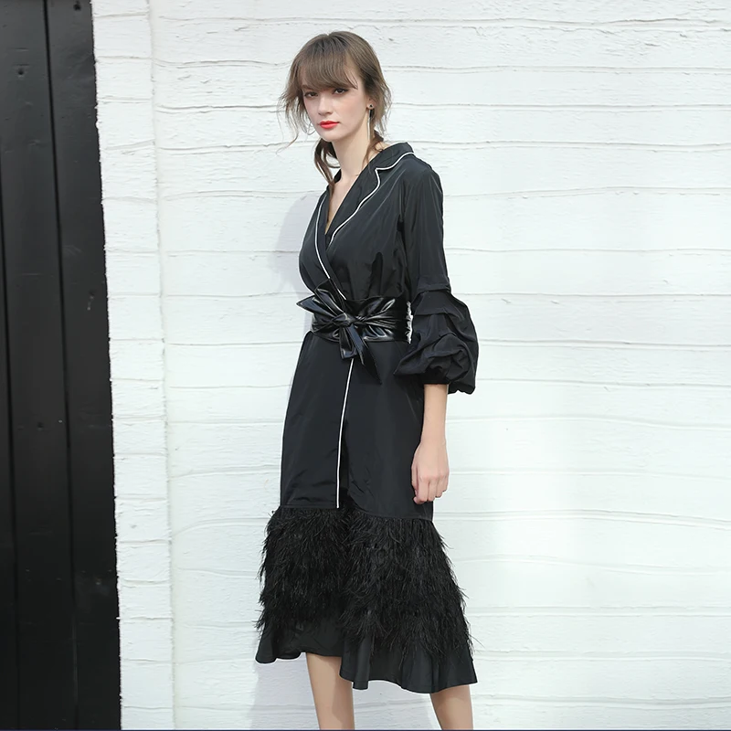 Twotwinstyle Puff длинным рукавом черный Для женщин ветровка Тренч женский Кружева Up кардиган с Перо подол юбки осень