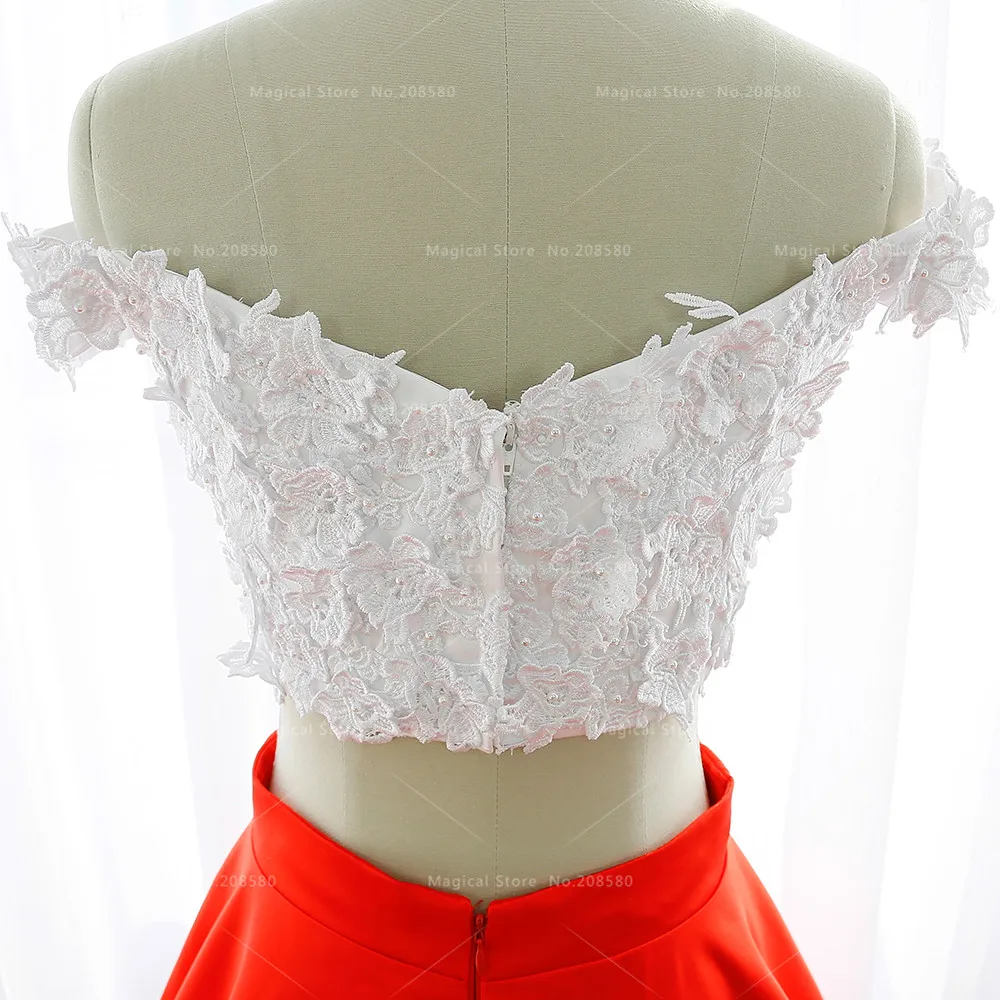 White And Red Hippie 2 Piece Bridal Wedding Dresses Lace Flowers Arab Indian Bride Dress Satin Pearls Off Shoulder R118 | Свадьбы и