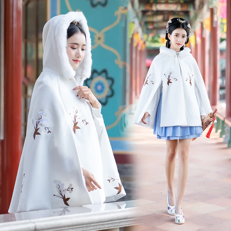 Новинка женское платье Hanfu женская зимняя белая накидка с вышивкой китайские
