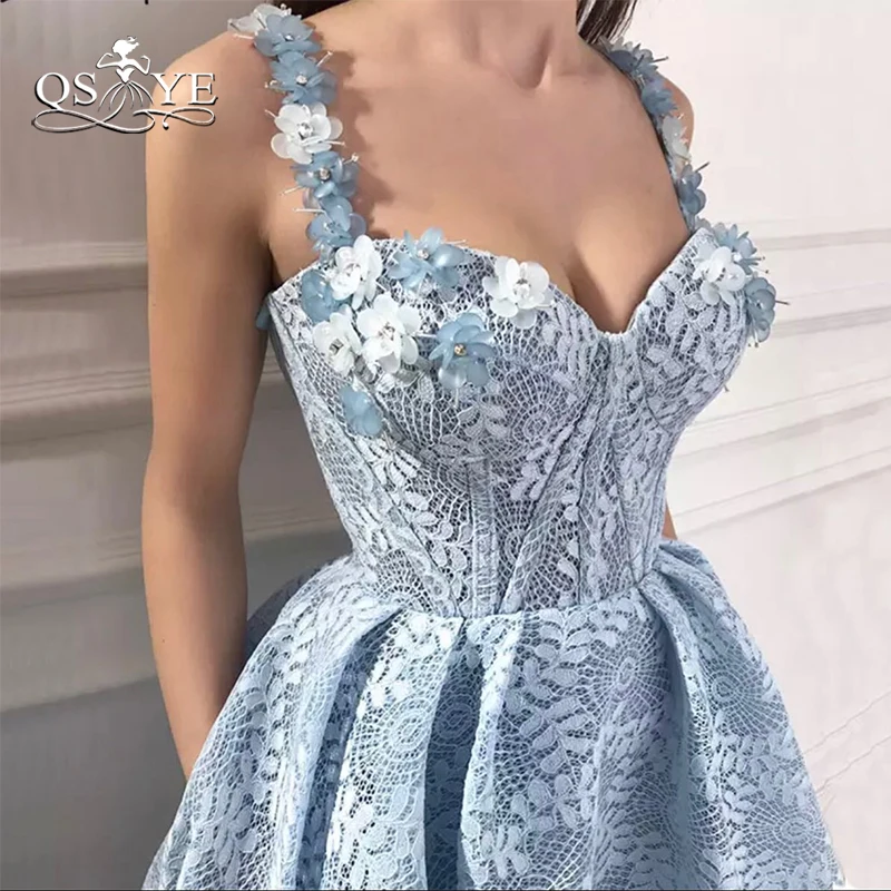 QSYYE 2018 новые синие вечерние платья на тонких бретельках милое 3D Цветочное платье