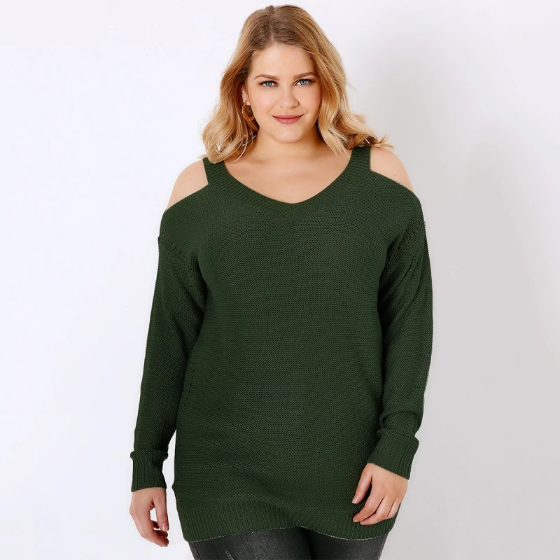 Женский свитер с открытыми плечами большие размеры XXXL 4XL 5XL 6XL 2017 осень зеленый