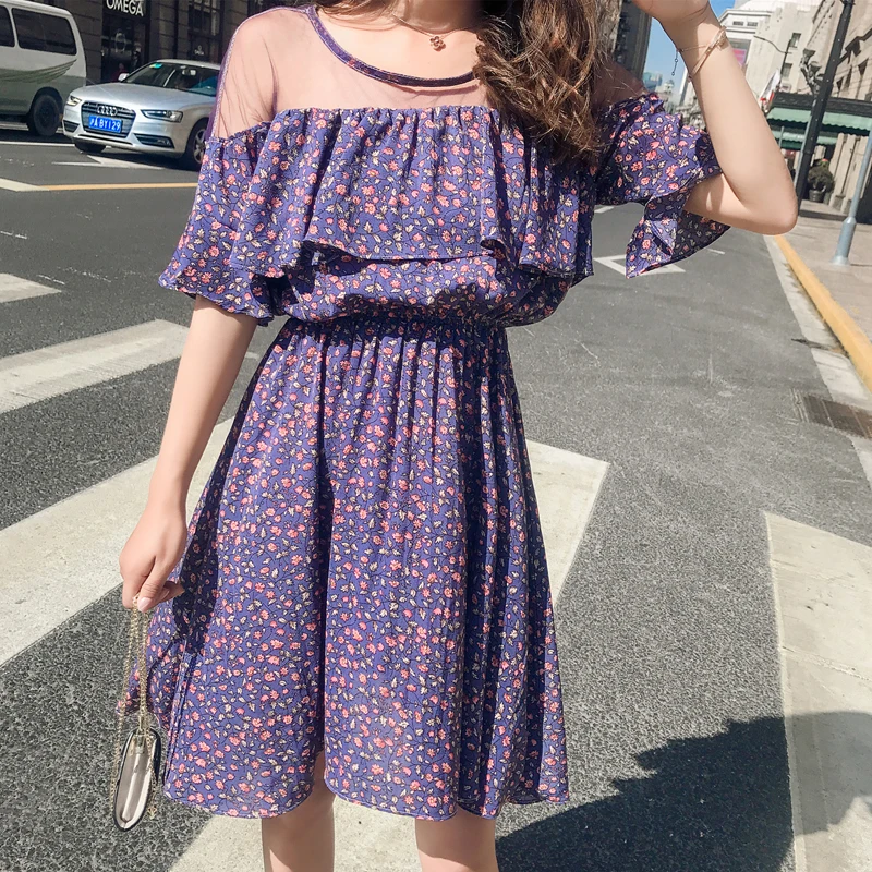 Лоскутная сетки Rufffle ТРАПЕЦИЕВИДНОЕ летнее платье с открытыми плечами Цветочный