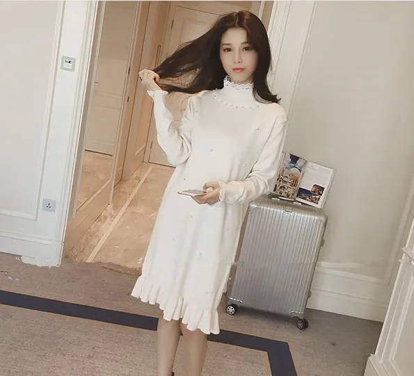 Clobee 2017 осенне зимнее кружевное лоскутное платье с воротником мандарин для