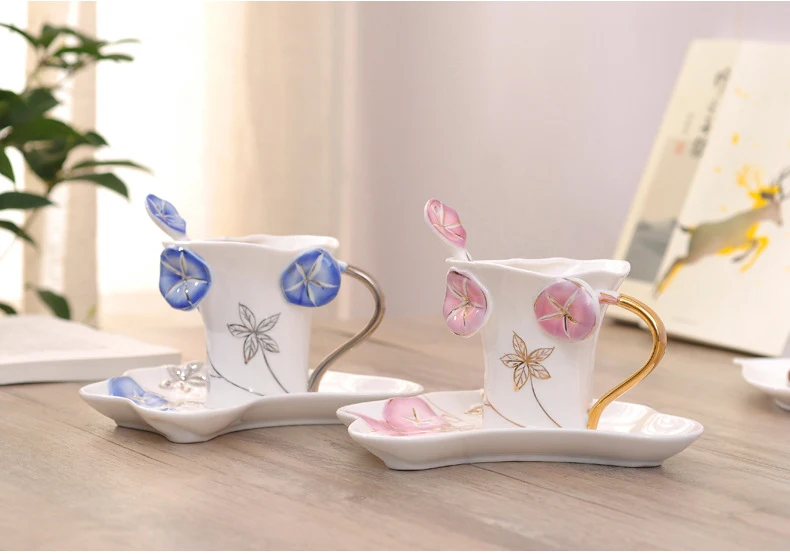 Набор чашек для кофе и чая с рисунком «Morning glory» с ложкой и поддоном, термостойкие парные чашки, креативный подарок, питьевые инструменты