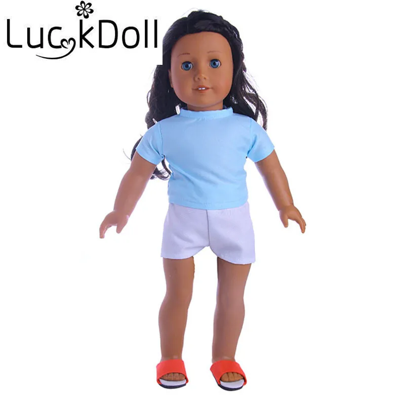 

Синяя футболка Luckdoll с белыми шортами подходит для 18-дюймовых кукол inchAmerican и американских кукол 43 см, лучший подарок для детей.