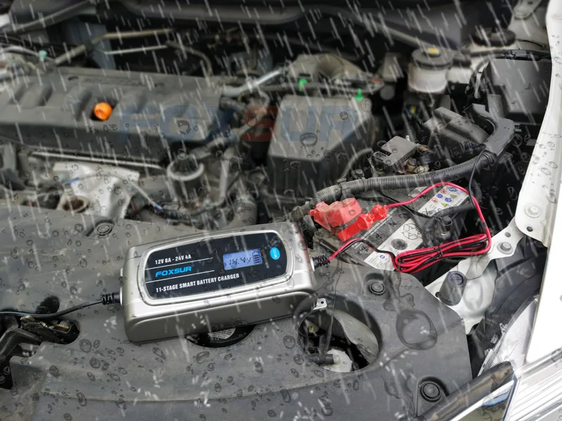 

FOXSUR 12V 24V Car Battery Charger with LCD display, 11-stage Smart Battery Charger, Truck Waterproof Lead-Acid Battery Charger