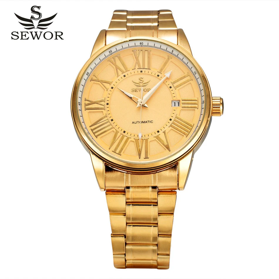 Мужские автоматические механические часы SEWOR золотые полностью из нержавеющей