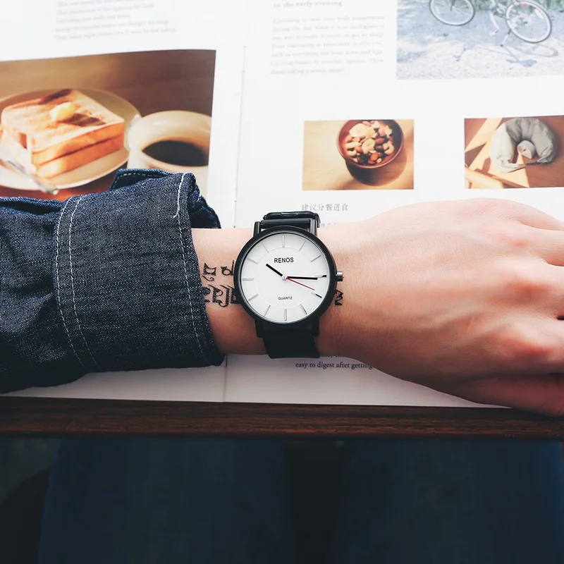 RENOS женские часы простые черные белые наручные в коробке модные кварцевые для