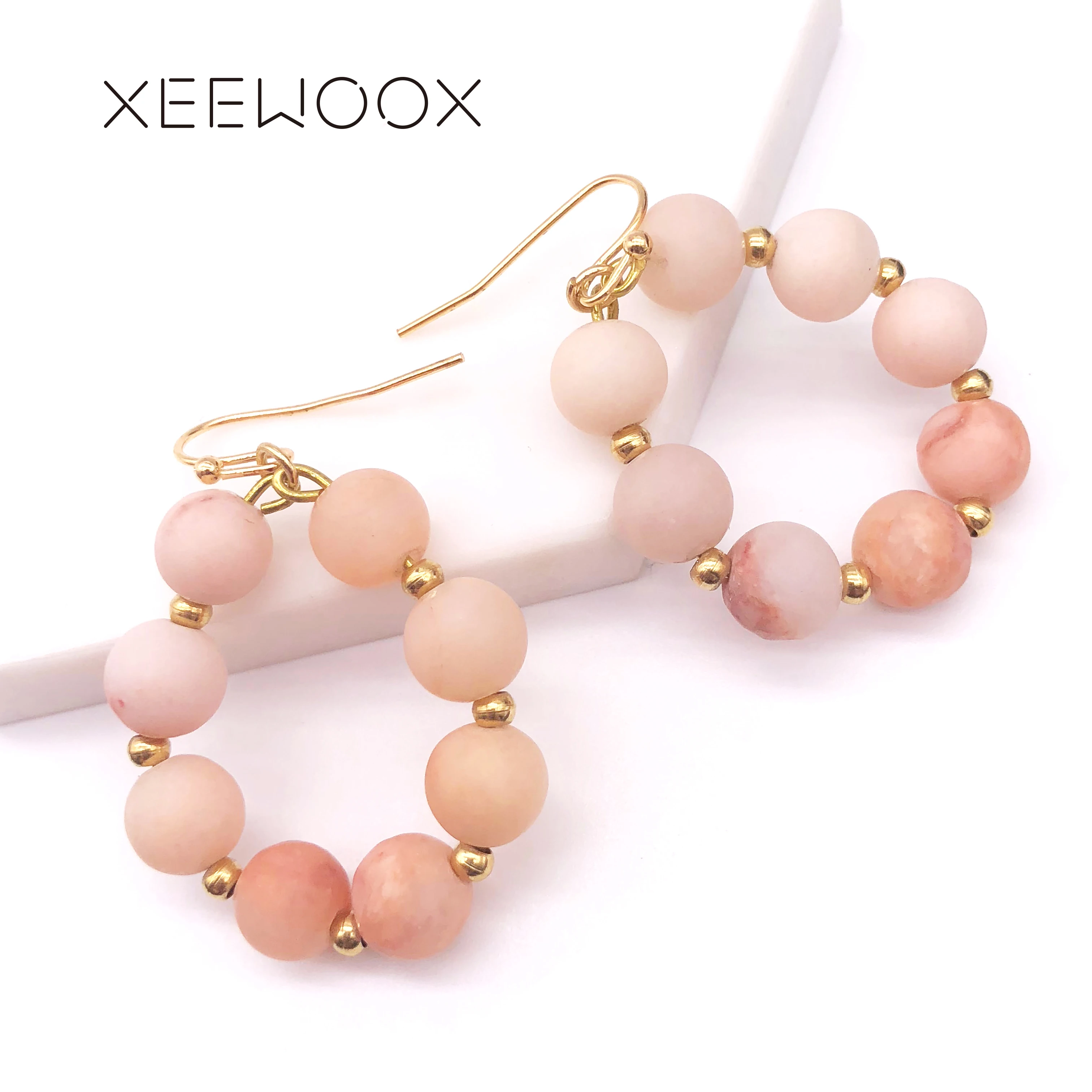 pink Цветные Серьги-капли из натурального камня, полудрагоценные камни, розовый, зеленый, коричневый цвета, женские круглые серьги-капли, винтажный подарок - Окраска металла: pink