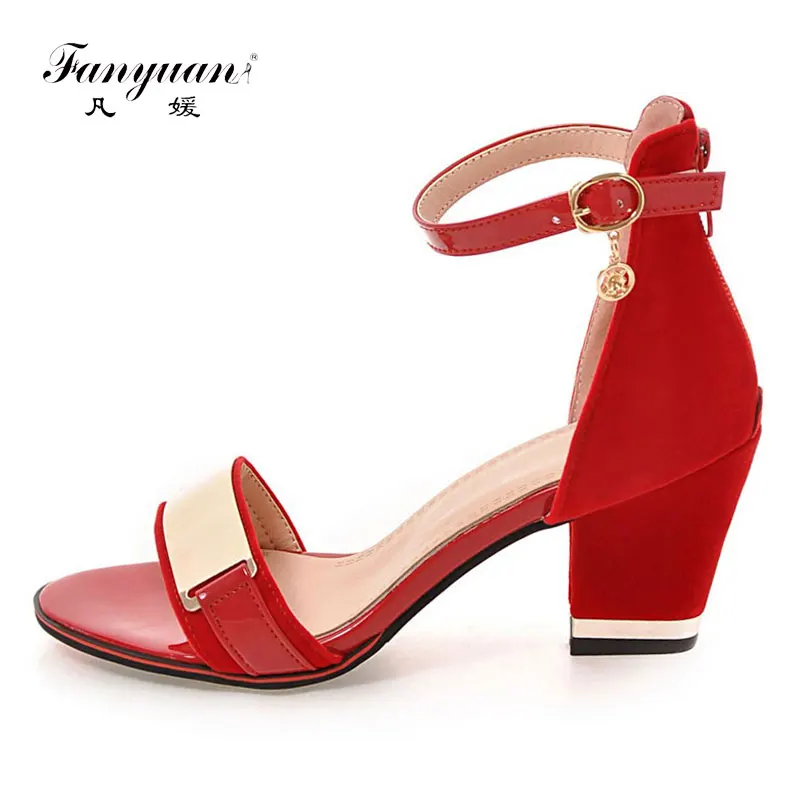 

Fanyuan Bling Peep Toe Ladies Sandals Ankle Strap Female's High Heels Chunky Heel Sandalias Mujer Party Shoe Plus Size 32-43