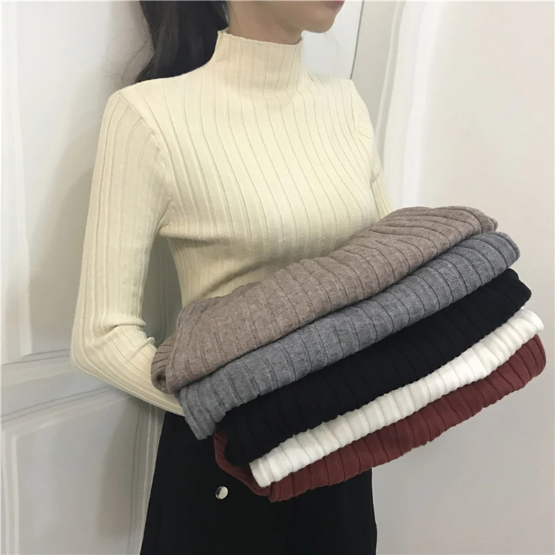 Spring Skinny Striped Women Sweater Half-Turtleneck Full Sleeve Knitted Pullovers Knitwear Femme Elastic Knitting Jumper 2019 | Женская
