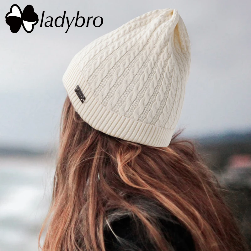 Женская Шапка-бини Ladybro, осенне-зимняя шапка, теплая шапка Skullies, женские горнолыжные шапки в полоску, женская вязаная шапка feminino