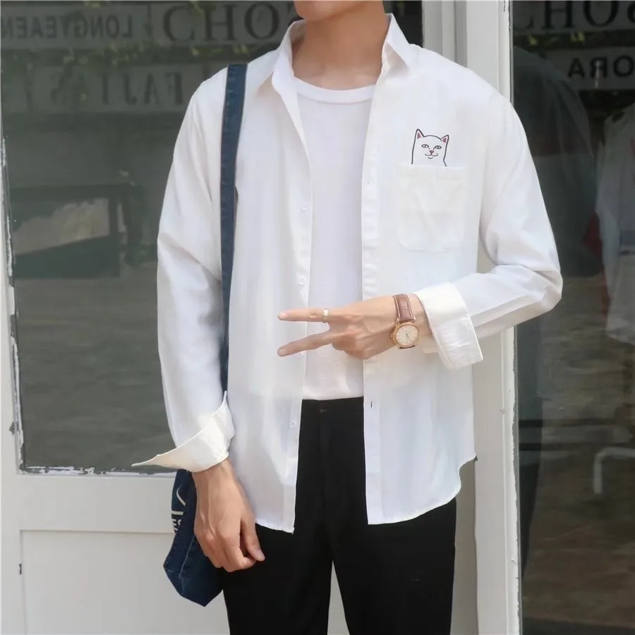 Fashion Lovers Shirt Men's Pocket Cat Cute Pet Long Sleeve Literary Autumn And Winter Wear | Мужская одежда