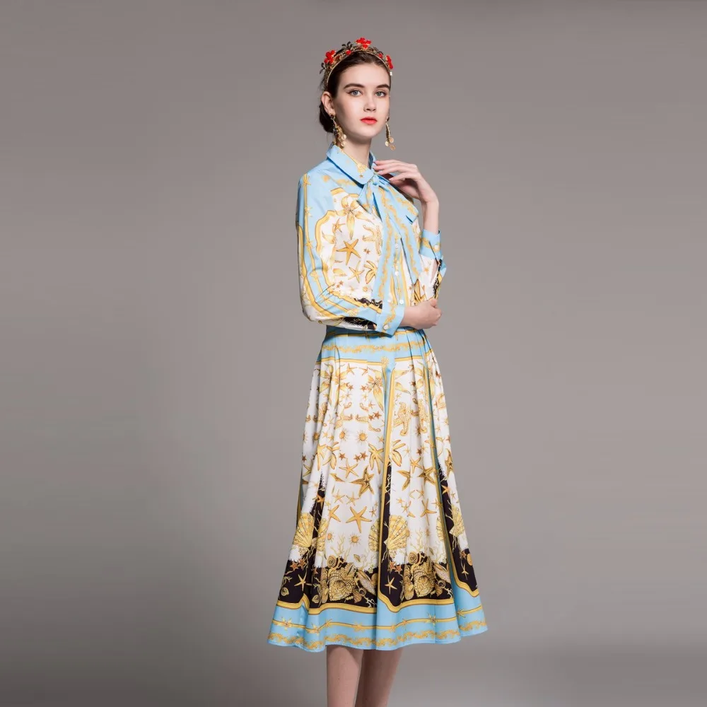 2018 New Spring Vintage Print Women Sets High Quality Fashion Full Sleeve Turn-down Collar Shirts +Pleated Skirts Retro Suits | Женская