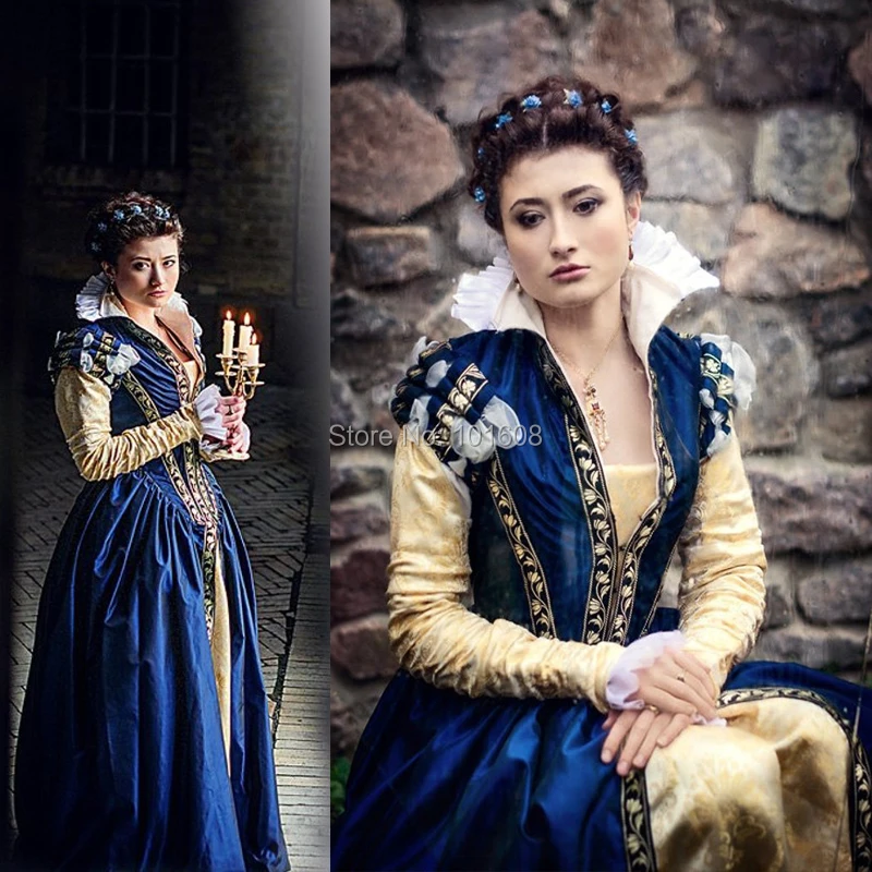 

Tailored!Blue French Duchess Civil war Theatre Southern Belle DRESS Victorian Colonial medieval Renaissance dresses HL-286