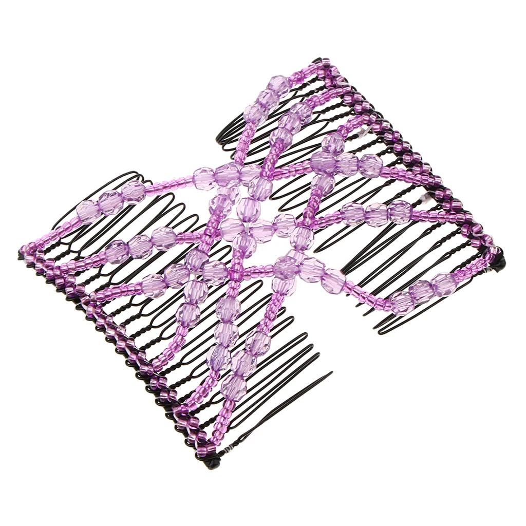 Purple Модные Простые растягивающиеся расчески, заколка для волос с бусинами, двойная Заколка-расческа - Цвет: Purple