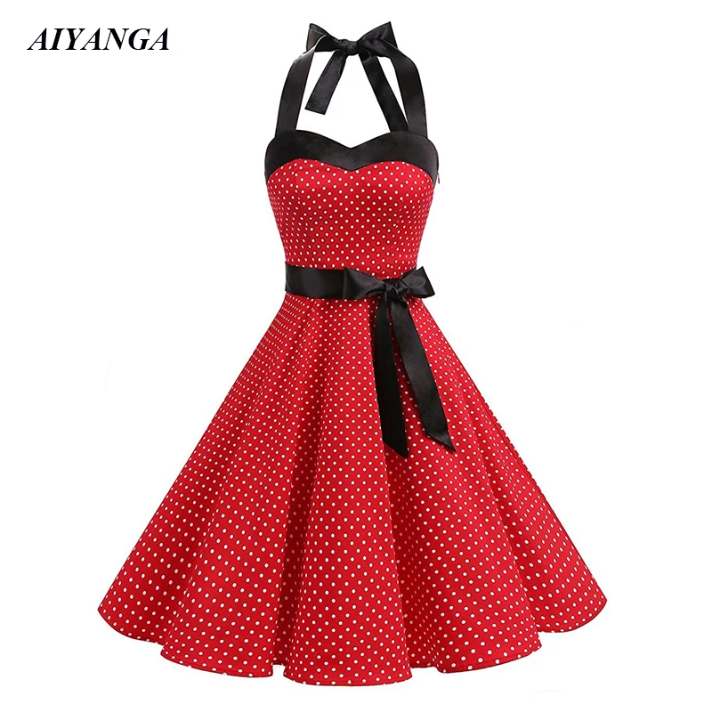 

Wave point Vintage Dress Women 2019 Spring Summer Halter Dress With Sashes High Waist Big Hem Off Shoulder Sexy Dresses Female