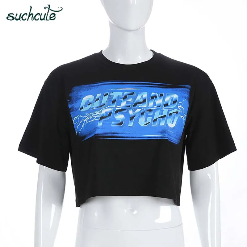 black tee SUCHCUTE Женская футболка неоновый плюс размер с Черный Принт с буквами Лето Modis готические Топы Harajuku корейский стиль Женская рубашка - Цвет: black tee