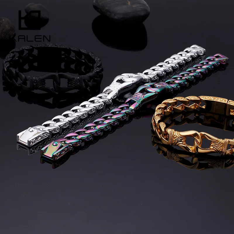 Stainless Steel 4 Colors Handcuff Charm Bracelets For Men 22.5cm Gold Linking Chain Punk Wrap Bracelet Jewelry | Украшения и