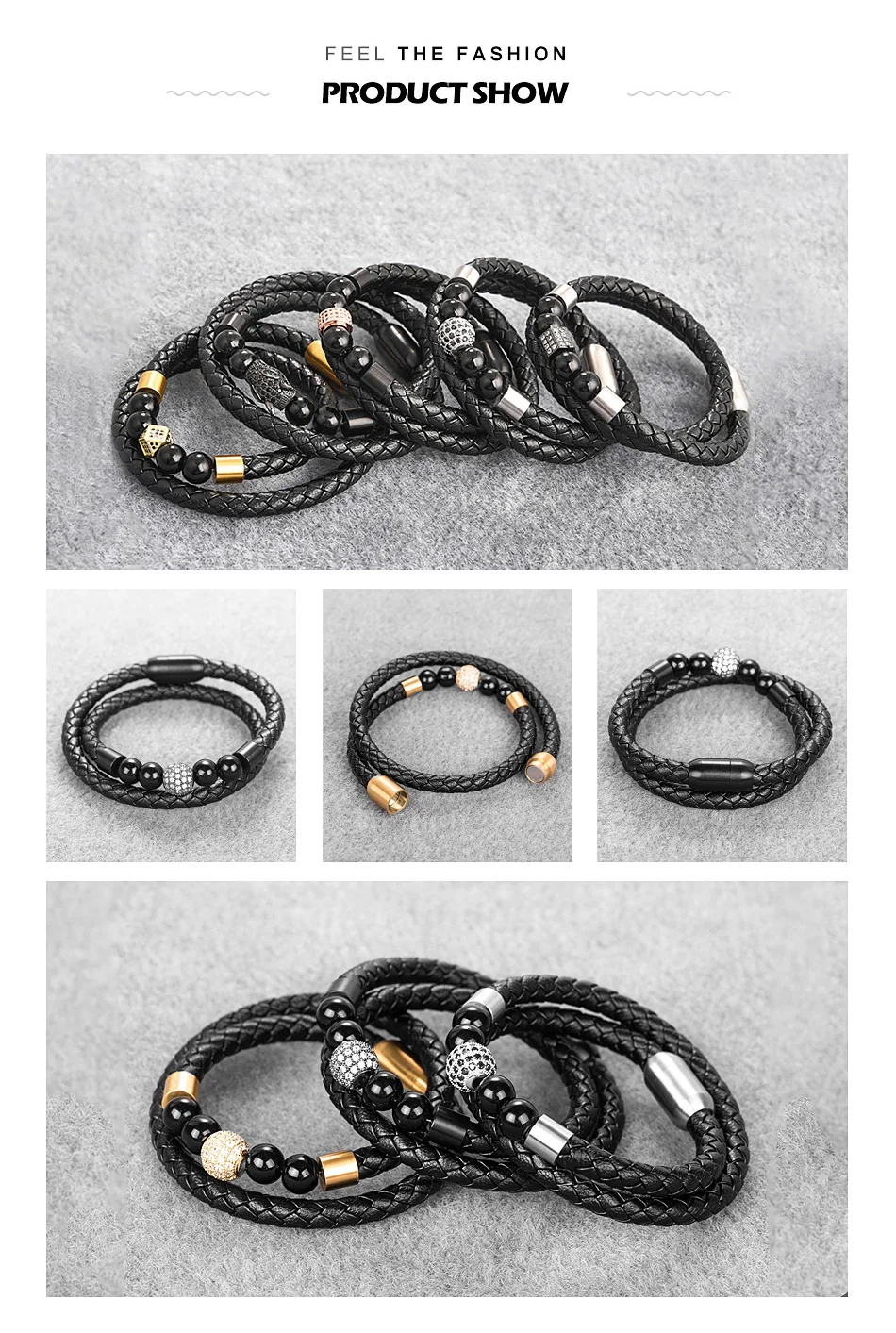 Jiayiqi New Fashion Leather Beaded Bracelet For Men Women Braided Leather Rope Bangles Natural Stone Beads Punk Rock Men Jewelry
