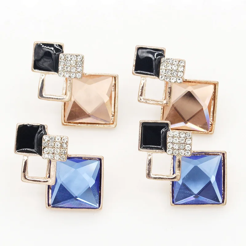 

4 Squares Shiny Crystal & Blue Brown Rhinestone Geometric Stud Earrings for Women