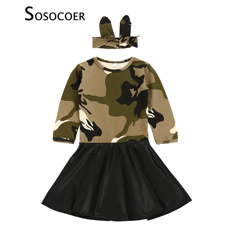 SOSOCOER Kids Girl Dress Autumn Winter New Fashion Camouflage PU Stitching Long Sleeve Children Dresses Headband Girls Clothes | Детская