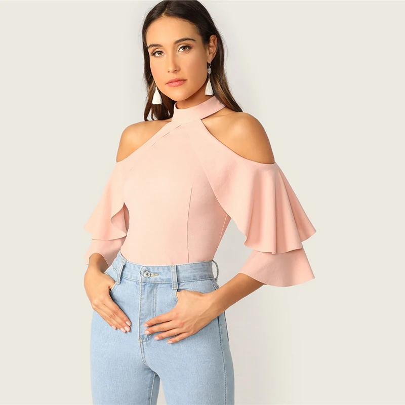 SHEIN элегантный пастельный розовый гофрированный Холтер с открытыми плечами, многослойный топ с расклешенными рукавами, блузка, женские весенние облегающие Сексуальные вечерние блузки