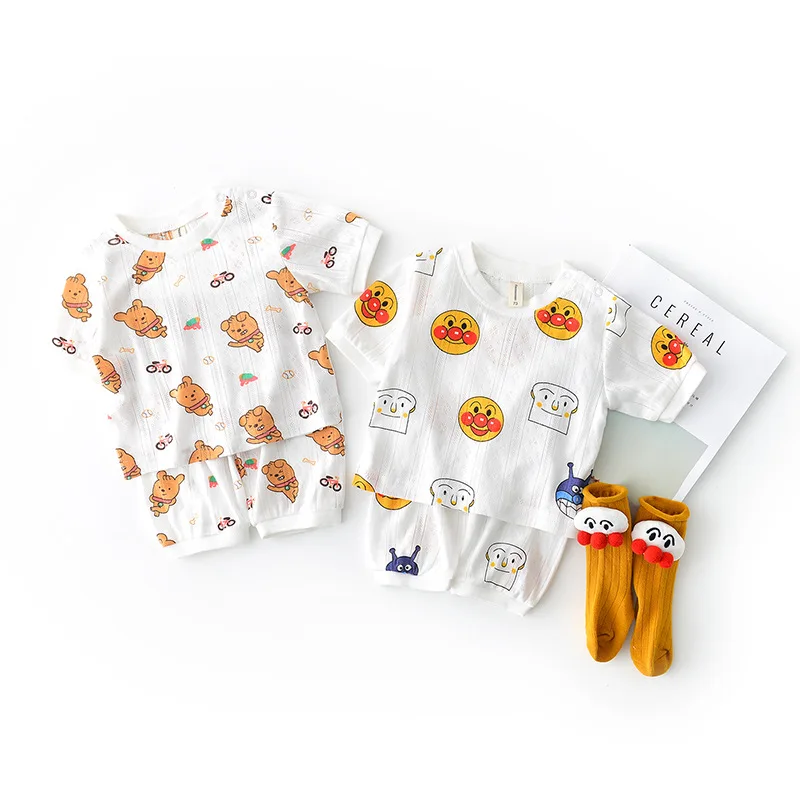 Baby Boys Cute Cartoon Two Pieces Sets Girl Kids Clothing Shoulder Button Home Short Sleeve Tops Summer Pants 2pcs Set | Детская одежда