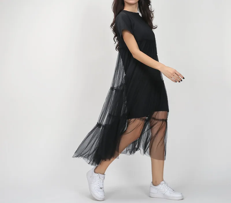 

summer new fashion stitching net yarn perspective solid color O- short sleeve loose dress women wholesale