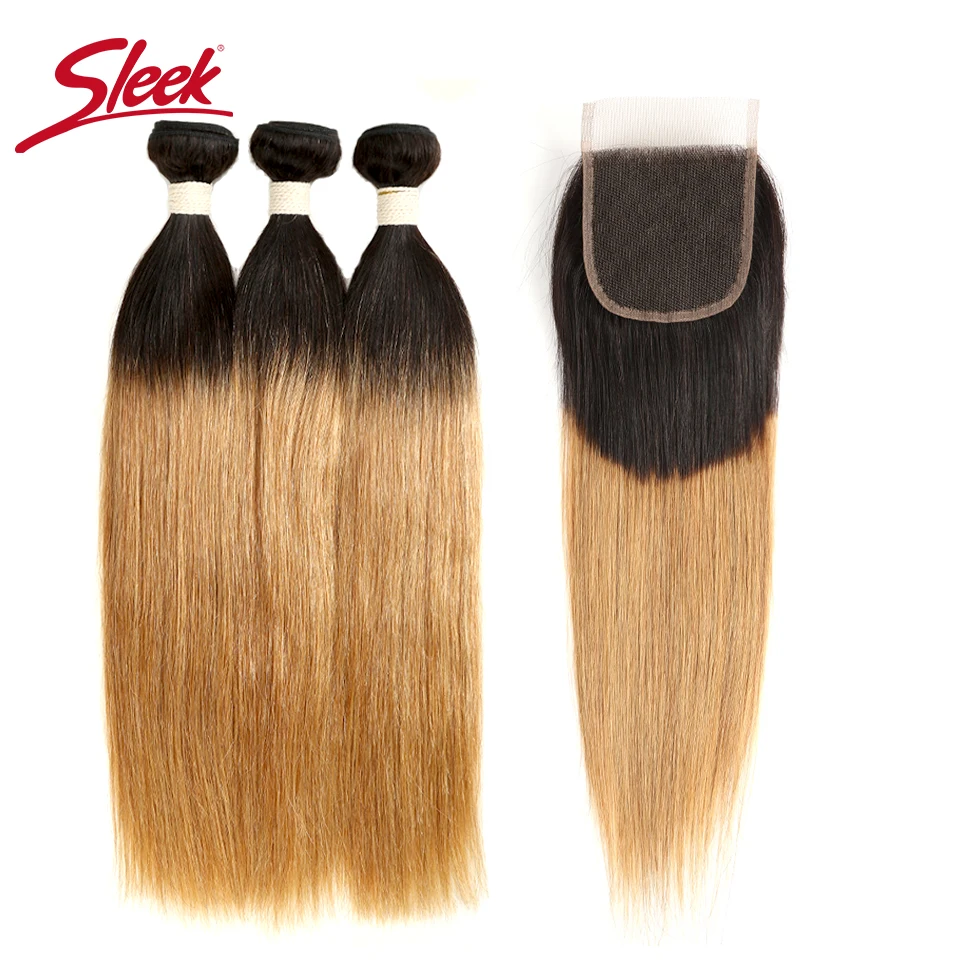 Sleek Bundles With Closure Brazilian Straight Human Hair Ombre Bundles T1B/27&T1b/30&T1B/99J Hair Extensions Free Shipping