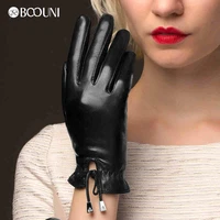 boouni genuine leather gloves autumn winter fashion women sheepskin finger gloves warm plus velvet driving glove nw775