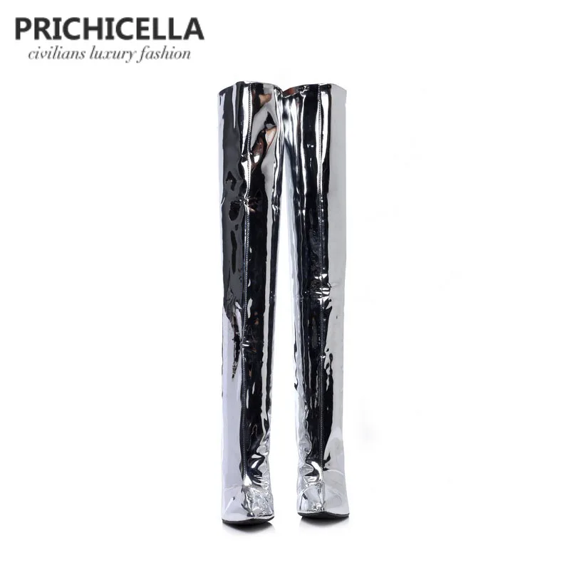 Стильные Серебристые высокие сапоги PRICHICELLA из зеркальной кожи с острым носком на