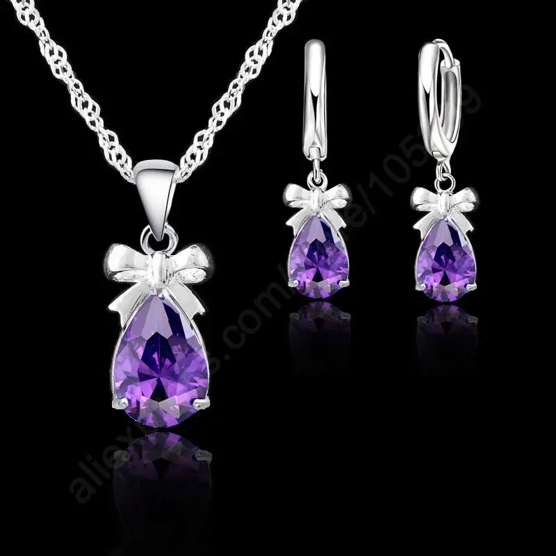 

New Gift 925 Sterling Silver Shiny Purple Cubic Zirconia Lever Back Earring Pendant Necklace Woman Jewelry Set