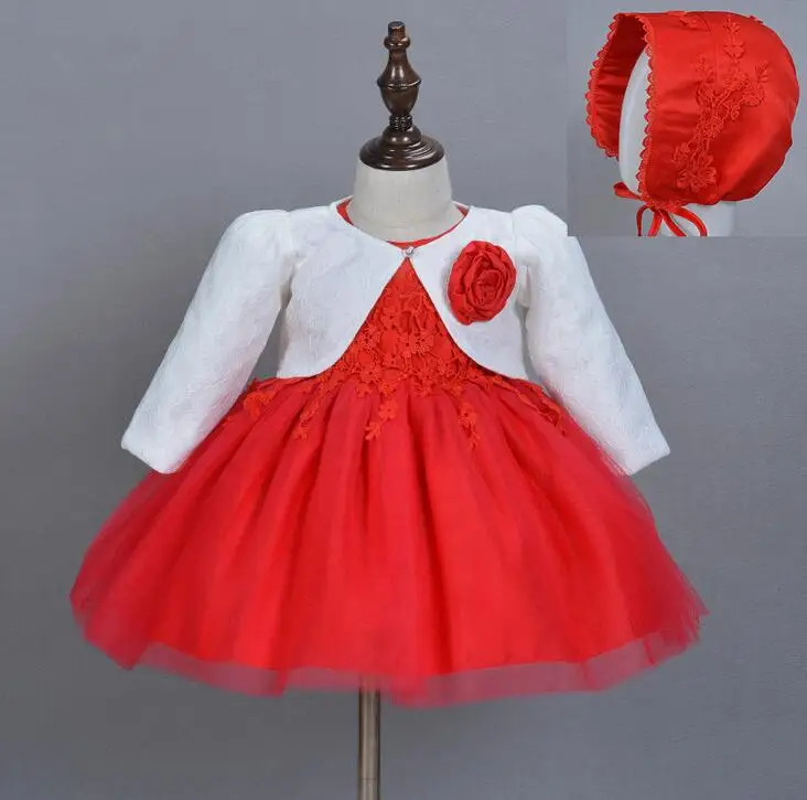 Dress Coat Hat Костюм из 3 предметов платье для крещения для новорожденных девочек пышные кружевные тюлевые платья для свадьбы, дня рождения, вечерние комплекты принцессы - Цвет: Dress Coat Hat